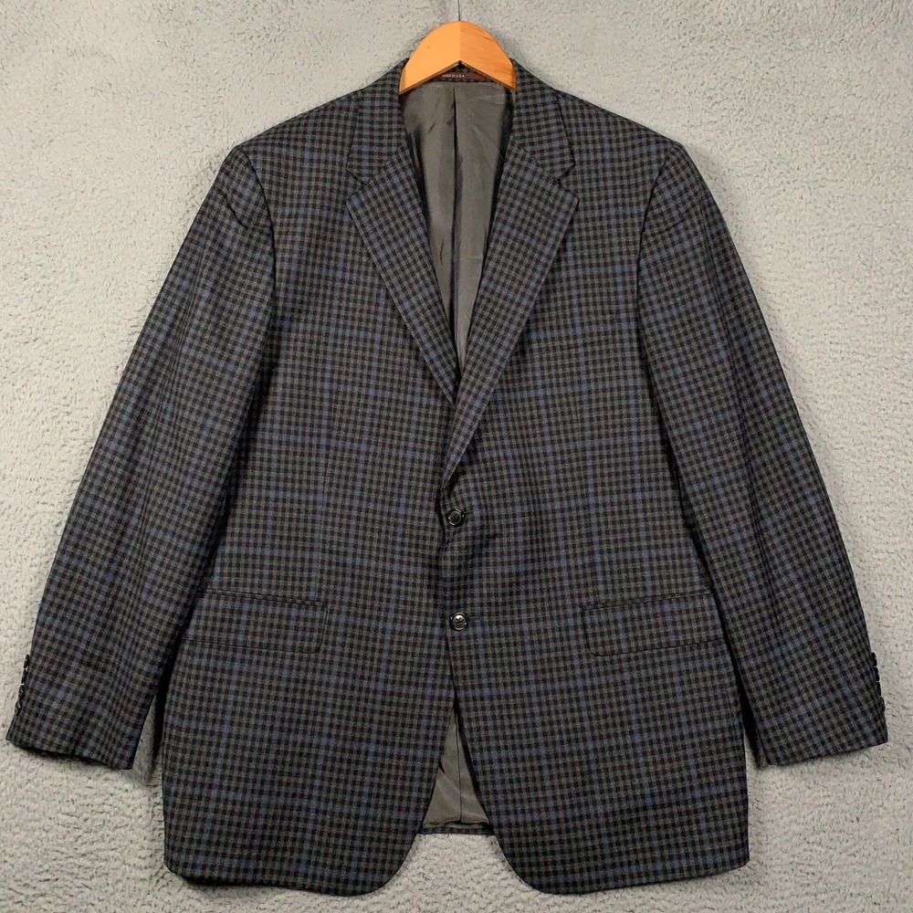 Hickey Freeman Lindsey Sport Coat Men's 46L Blue Grey Gingham Plaid Wool Blazer